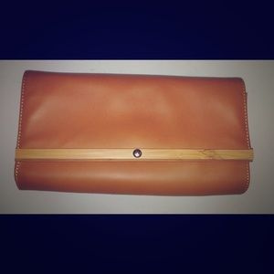 Talbots brown leather clutch with wood trim